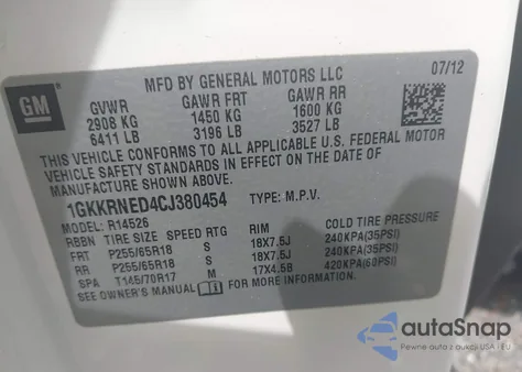 2012 GMC Acadia Sl from USA, damaged, VIN 1GKKRNED4CJ380454